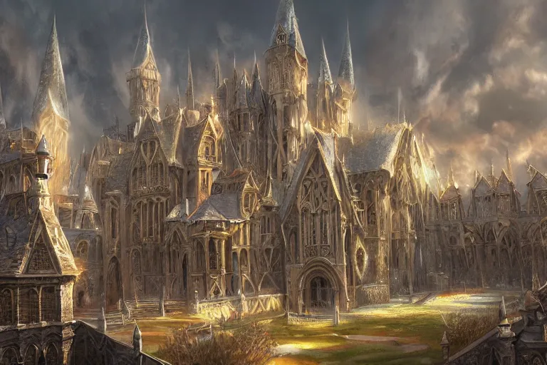 Image similar to A magical college viewed from the outide, texture, intricate, details, highly detailed, masterpiece, architecture, building, trending on artstation, focus, sharp focus, concept art, digital painting, fantasy, sunny, day, midday, in the style of Wizards of the Coast