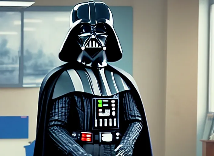 Prompt: film still of Darth Vader working as a high school teacher in the new Star Wars movie, 4k