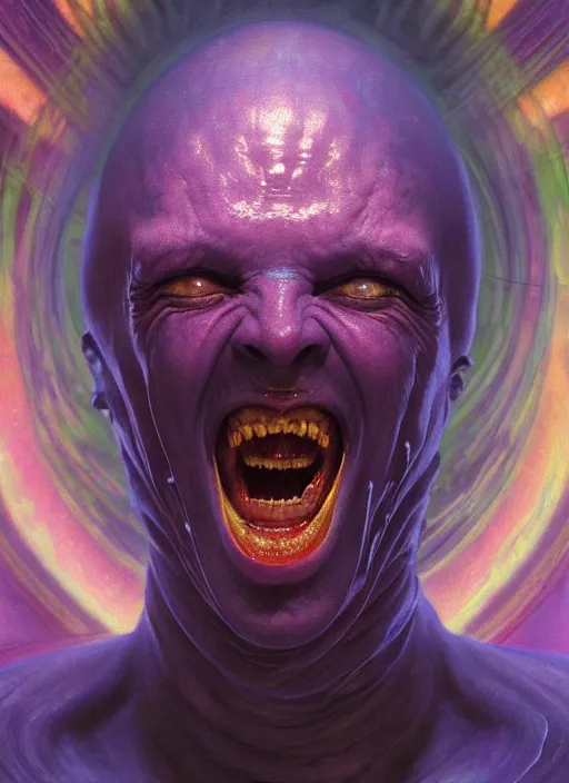 Prompt: masterpiece portrait of an screaming alien priest, surrounded by chromatic liquid swirls, psychedelic, dramatic lighting, h. r. giger, greg rutkowski, alphonse mucha, artgerm, donato giancola, tom bagshaw, trending on cgsociety, octane render, 8 k