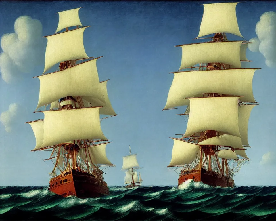 Image similar to an achingly beautiful print of the HMS Bounty sailing on stormy seas by Raphael, Hopper, and Rene Magritte. detailed, romantic, enchanting, trending on artstation.