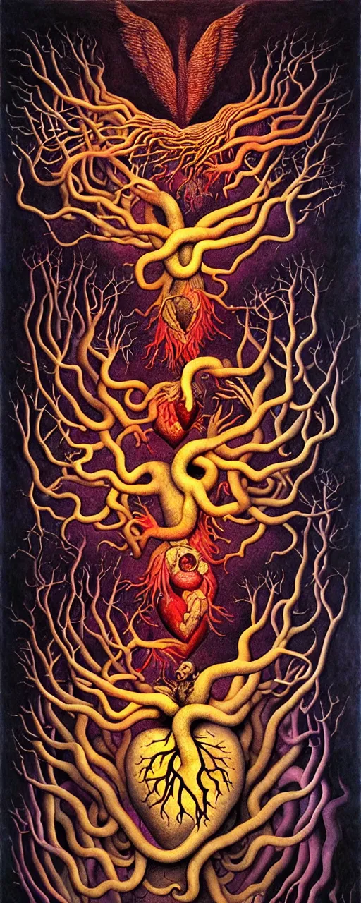 Image similar to mythical creatures and monsters in the visceral anatomical human heart imaginal realm of the collective unconscious, in a dark surreal mixed media oil painting by johfra, mc escher, dramatic lighting from inner fire