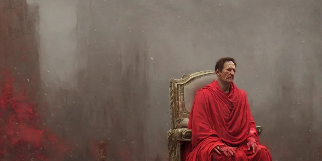 Image similar to the end is near. a tired julius caesar is sitting on his throne. face is highly detailed. splices of red are running down his toga. mist. color scheme red. low angle medium shot. imagined by jeremy lipking