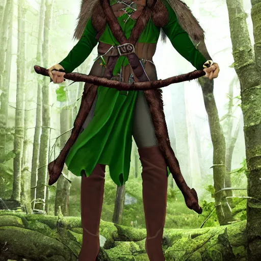 Image similar to anya charlota as a medieval fantasy wood elf, dark brown hair tucked behind ears, wearing a green tunic with a fur lined collar and brown leather armor, stocky, muscular build, scar across nose, one black, scaled arm, cinematic, character art, digital art, forest background, realistic. 4 k