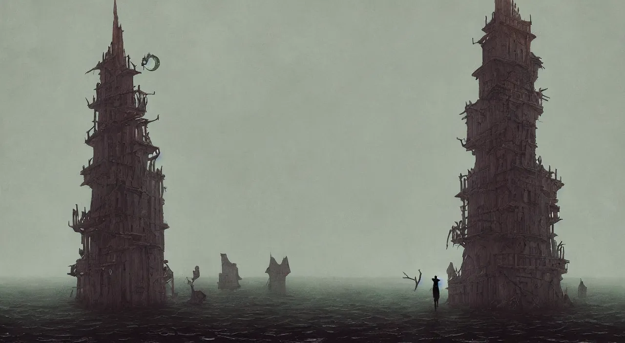 Prompt: single flooded simple wooden bloodborne tower, very coherent and colorful high contrast!! masterpiece by rene magritte simon stalenhag carl spitzweg syd mead norman rockwell edward hopper james gilleard, minimalist, dark shadows, sunny day, hard lighting