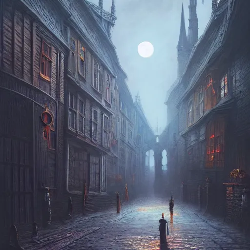 Prompt: A beautiful painting of a gothic city street similar to Bloodborne, with the scarlet moon shining at night, Cthulhu by Zdzisław Beksiński and Simon Stålenhag,In style of digital illustration art,Rembrandt lighting,Ray tracing,hyper detailed,sharp focus,Soft light.4k