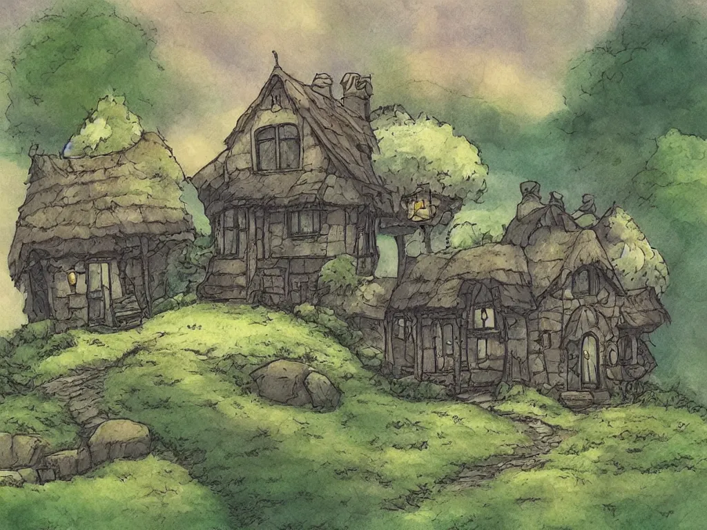 Image similar to cozy cottage on a hill in the style of Miyazaki