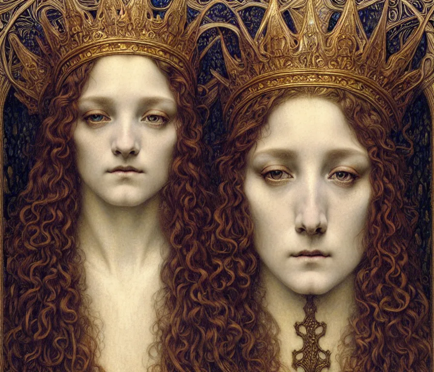 Image similar to detailed realistic beautiful young medieval queen face portrait by jean delville, gustave dore and marco mazzoni, art nouveau, symbolist, visionary, gothic, pre - raphaelite. horizontal symmetry