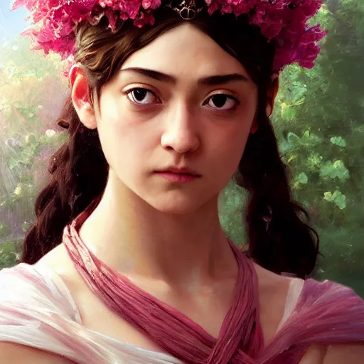 Prompt: expressive oil painting, of arya stark, smooth glowing skin, ornate headpiece made from pink flowers, glamour shot, by yoshitaka amano, by bouguereau, bygreg rutkowski, by jeremyg lipkinng, by artgerm, digital art, octane render