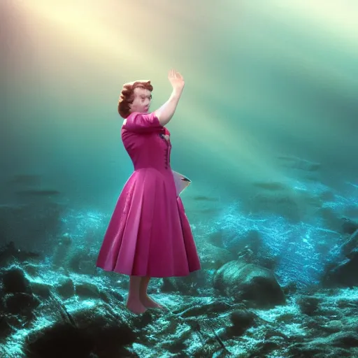 Prompt: dolores umbridge underwater. crepuscular rays. photography. production still.