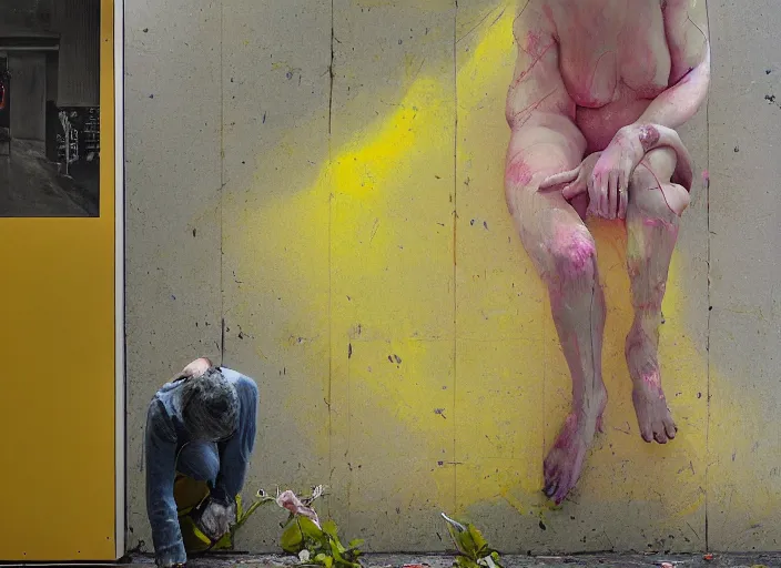 Image similar to kneeling figure in on yellow pavement, painterly, interior of bus stop, peeling posters on wall, flowers and plants growing from figure, by lisa yuskavage, francis bacon, zdzislaw beksinski, james jean