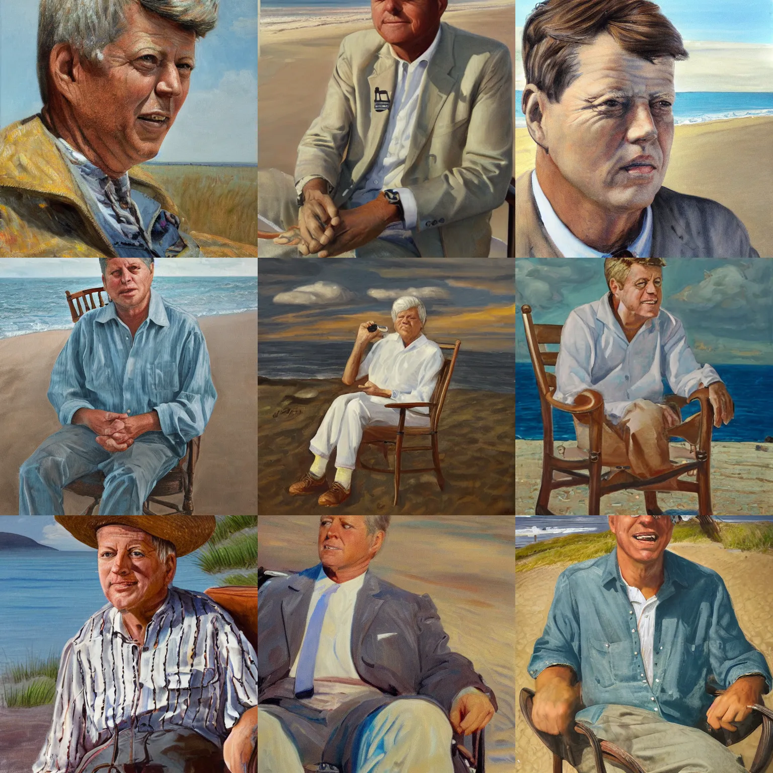 Prompt: portrait of john f kennedy, wrinkled, grey hair sitting on rocking chair, landscape of nantucket beach, dunes, ocean, bluff, handsome, hawaiian shirt, oil on canvas by william sidney mount - 1 9 8 2, trending on artstation