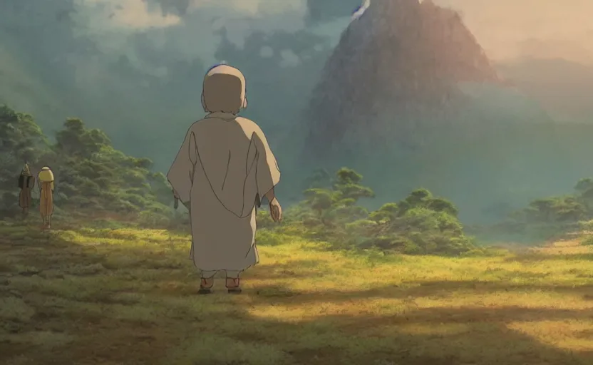 Image similar to a movie still from a studio ghibli movie showing a highly detailed landscape with a giant living buddha walking a valley in the desert. misty, depth perception, 4 k