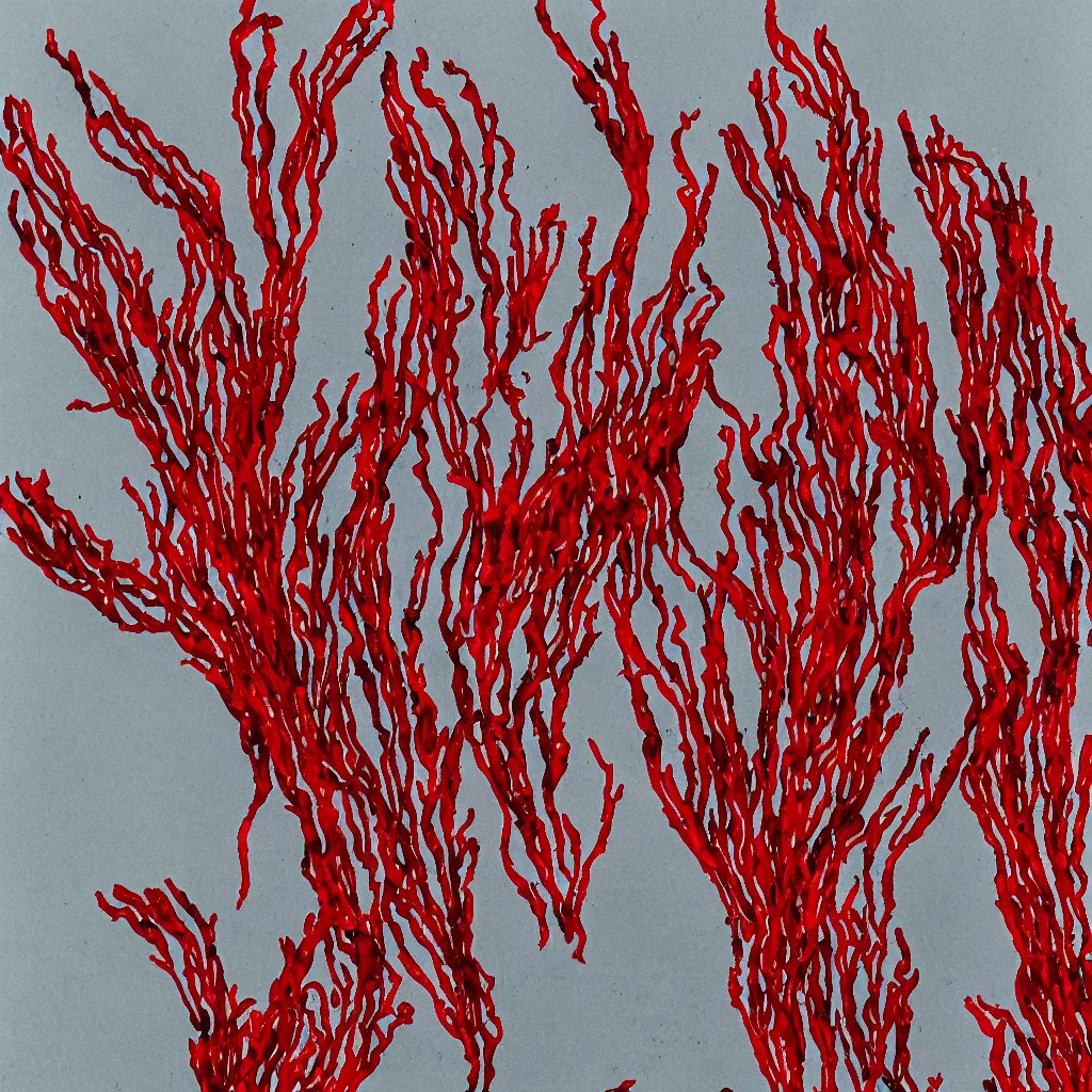 Image similar to bladder wrack and red dulse seaweed, decorative design against a grey background, done in Water colour