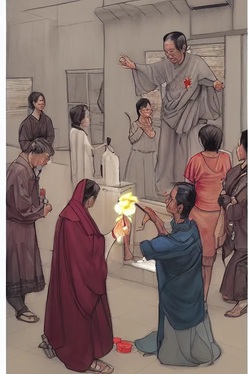 Image similar to saint joko widodo blessing people, sketch and art by jacqueline e, color by bo feng lin