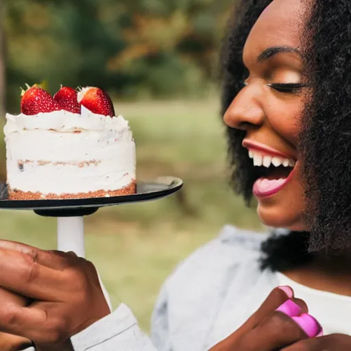 Prompt: black woman eating a slice of cake, award - winning photograph