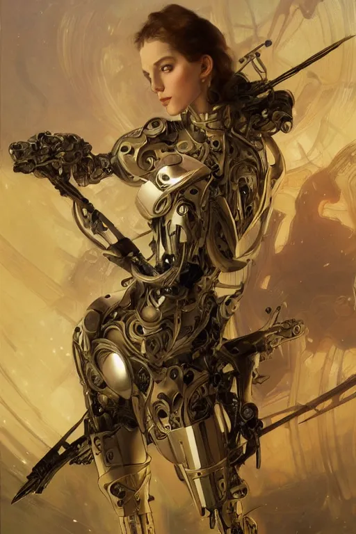 Image similar to organic cyborg holding a weapon, art deco,soft lighting, sci fi fantasy, intricate, elegant, highly detailed, lifelike, photorealistic, digital painting, artstation, illustration, concept art, smooth, sharp focus, art by John Collier and Albert Aublet and Krenz Cushart and Artem Demura and Alphonse Mucha