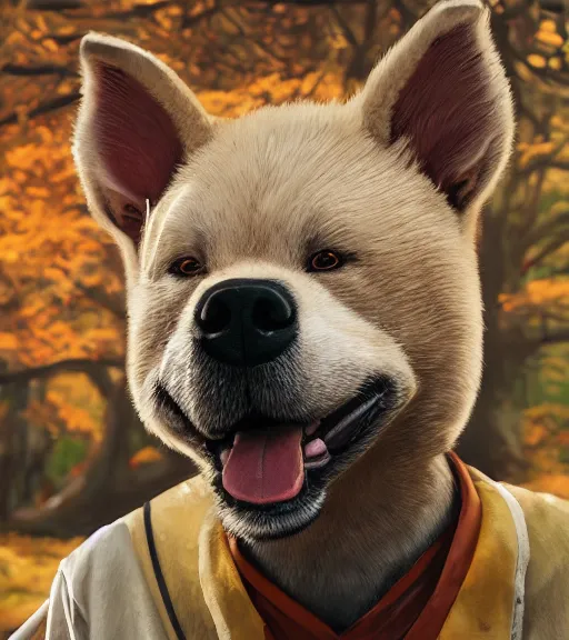 Prompt: close up character portrait icon of the anthro anthropomorphic very cute jindo dog trader head stylized animal person fursona wearing clothes standing in the bright forest, hidari, color page, tankoban, 4 k, tone mapping, akihiko yoshida