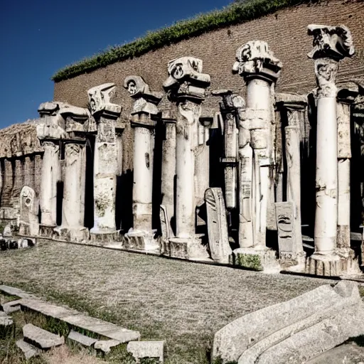 Image similar to Filmed photo of Rome necropolis, with satanic sculls