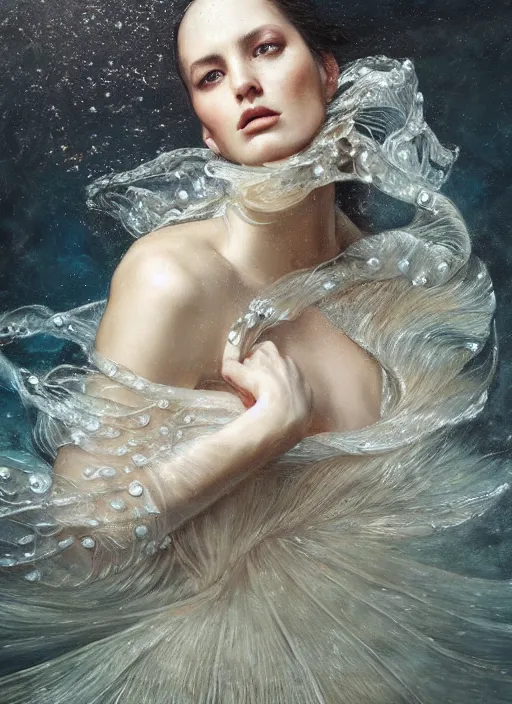 Prompt: highly detailed oil painting | very intricate | cinematic lighting | award - winning | elegant fabric, flowing underwater fashion by alexander mcqueen | by roberto ferri, by tom bagshaw, by j. c. leyendecker and klimt, american romanticism, by austin osman spare, artstation, cgsociety, official art, octane