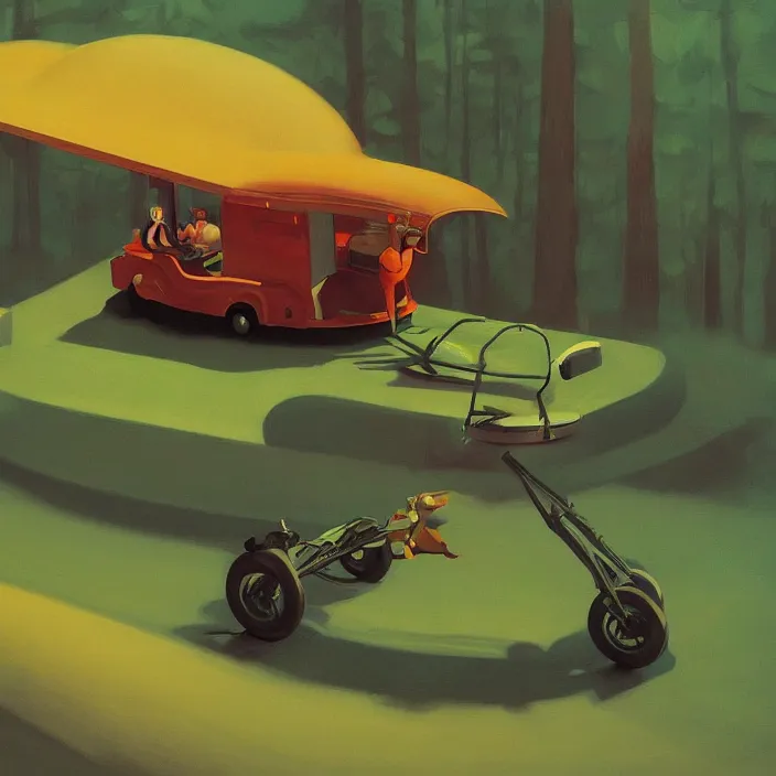 Prompt: fat alien on wheels rolling through the forest, highly detailed, Edward Hopper and James Gilleard