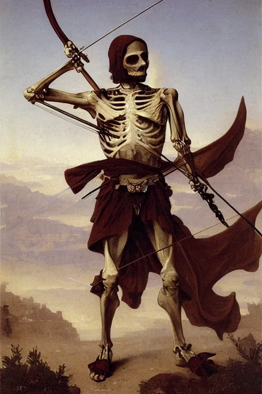 Image similar to portrait of a skeleton archer with bow and arrow in the middle world, wearing helmets with wings, wearing european style armor, holding a sword in both hands, symmetrical, solemn, sacred, aura, by bouguereau