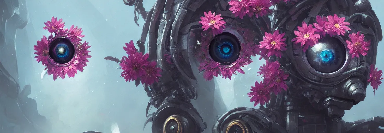 Image similar to close up of a beautiful flower with robot eyes in the middle by Greg rutkowski