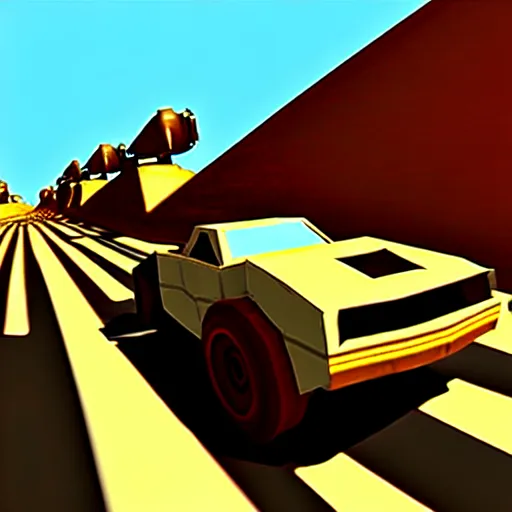 Prompt: mad max racing, nintendo 6 4 screenshot, low poly, aliased