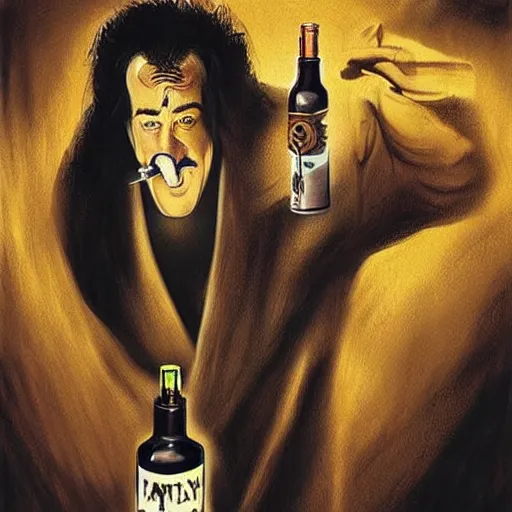 Image similar to Tarantino drinking from bottle Nicolas Cage in liquid form, Surrealism, Surreal drawing, Digital art, from artstation, art by Salvador Dali