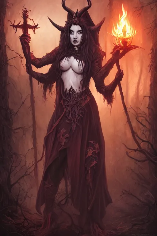 Image similar to satanic witch in the evil forest, fantasy, 8 k resolution, hyper detailed, d & d, character design, digital painting, trending on artstation, sharp focus, illustration, art by artgerm, steve zheng, fuji choko, viktoria gavrilenko, hoang lap