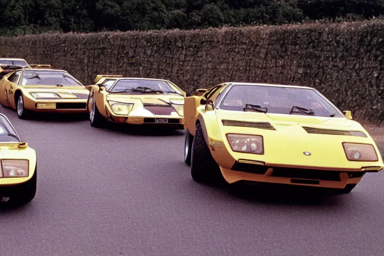 Image similar to 1975 De Tomaso, Lotus Europa!!, BMW M1, Pantera ((Countach)), movie still, speed, cinematic Eastman 5384 film