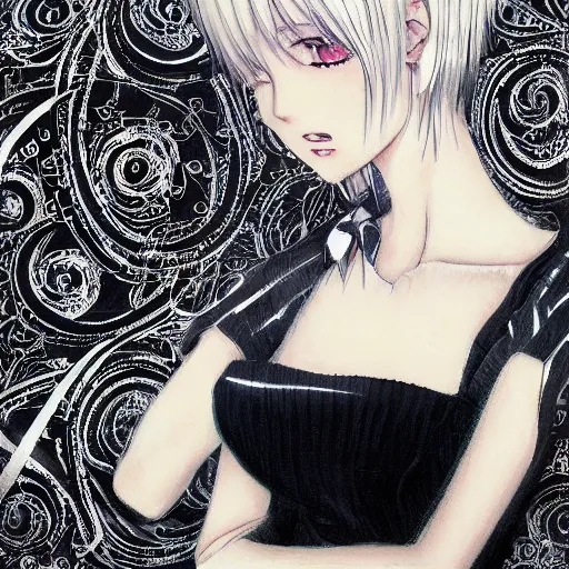 Image similar to realistic illustration of an anime girl with short white hair and black eyes wearing tuxedo in the style of yoshitaka amano, floral black and white patterns on the background, noisy film grain effect, highly detailed, Renaissance oil painting