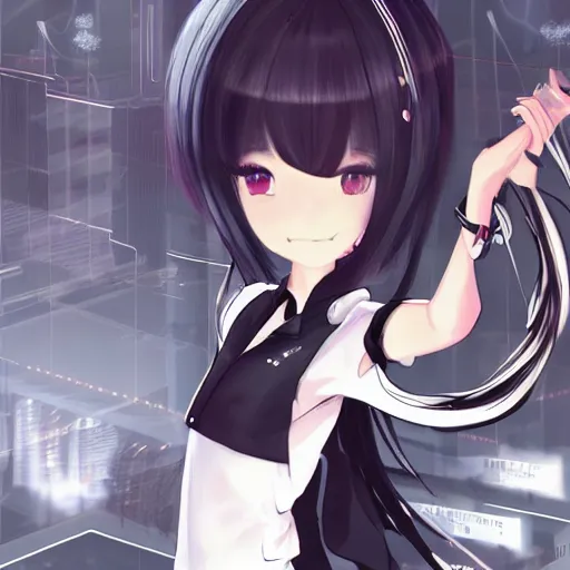 Prompt: luxury advertisement, astonishing artwork of a very beautiful dancing anime schoolgirl with black bob hair in style of cytus and deemo, full perfect face, she is dancing, set in Half-life. Realistic, highly detailed background, Pixiv, 120 degree view, drawn by Sasoura, Satchely and Akihiko Yoshida, no distortion