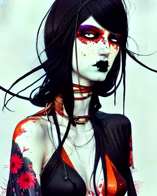 Image similar to close up, captivating, memorable, a ultradetailed beautiful photo of a unique woman wearing a hippy goth outfit standing too too too close, staring at you by conrad roset, greg rutkowski and makoto shinkai trending on artstation