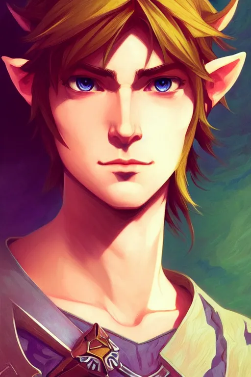 Prompt: a portrait of link from legend of zelda, fantasy, sharp focus, intricate, elegant, digital painting, artstation, matte, highly detailed, concept art, illustration, ambient lighting, art by ilya kuvshinov, artgerm, alphonse mucha, and greg rutkowski