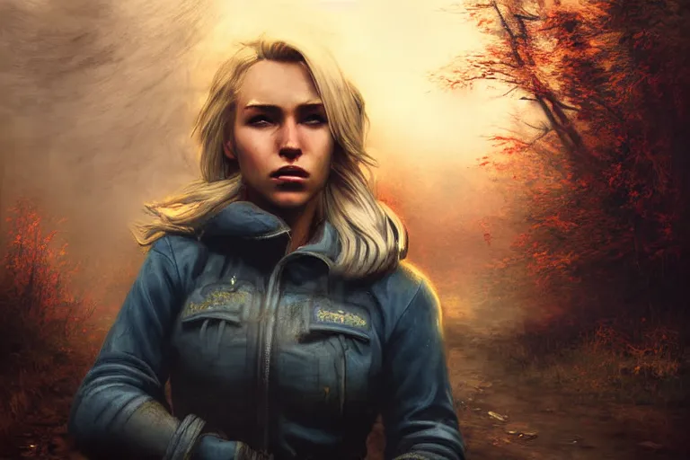 Image similar to fallout 5, charismatic beautiful rugged blonde female protagonist, portrait, outdoors alaskan wilderenis, atmospheric lighting, painted, intricate, volumetric lighting, beautiful, daytime, autumn, overcast weather, foggy, sharp focus, desaturated colours, ultra detailed, art by william turner