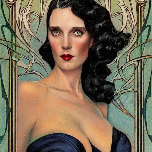 Image similar to an art nouveau, ( streamline moderne ) portrait in the style of donato giancola and anna dittmann and charles dulac. very large, clear, expressive, and intelligent eyes. symmetrical, centered, ultrasharp focus, dramatic lighting, photorealistic digital matte painting, intricate ultra detailed background.