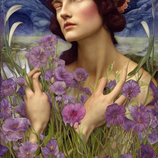Image similar to flower queen, by annie swynnerton and tino rodriguez and charlie bowater and tom bagshaw and nicholas roerich and jean delville and evelyn de morgan and lucien freud, dramatic lighting, floral tattoos, rich colors, smooth sharp focus, extremely detailed, adolf wolfli