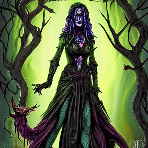Image similar to character art of evil druidess | by Brom | blighted forest | comic book style