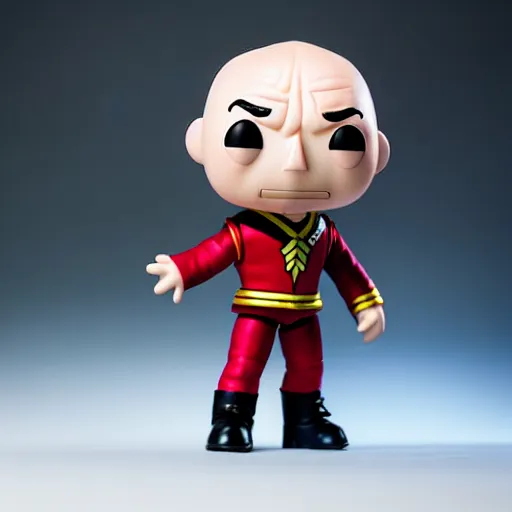 Prompt: lightbox photograph of Funko Pop doll of Captain Picard , with studio lighting, some background blur, full length shot, canon 85mm, f3.5