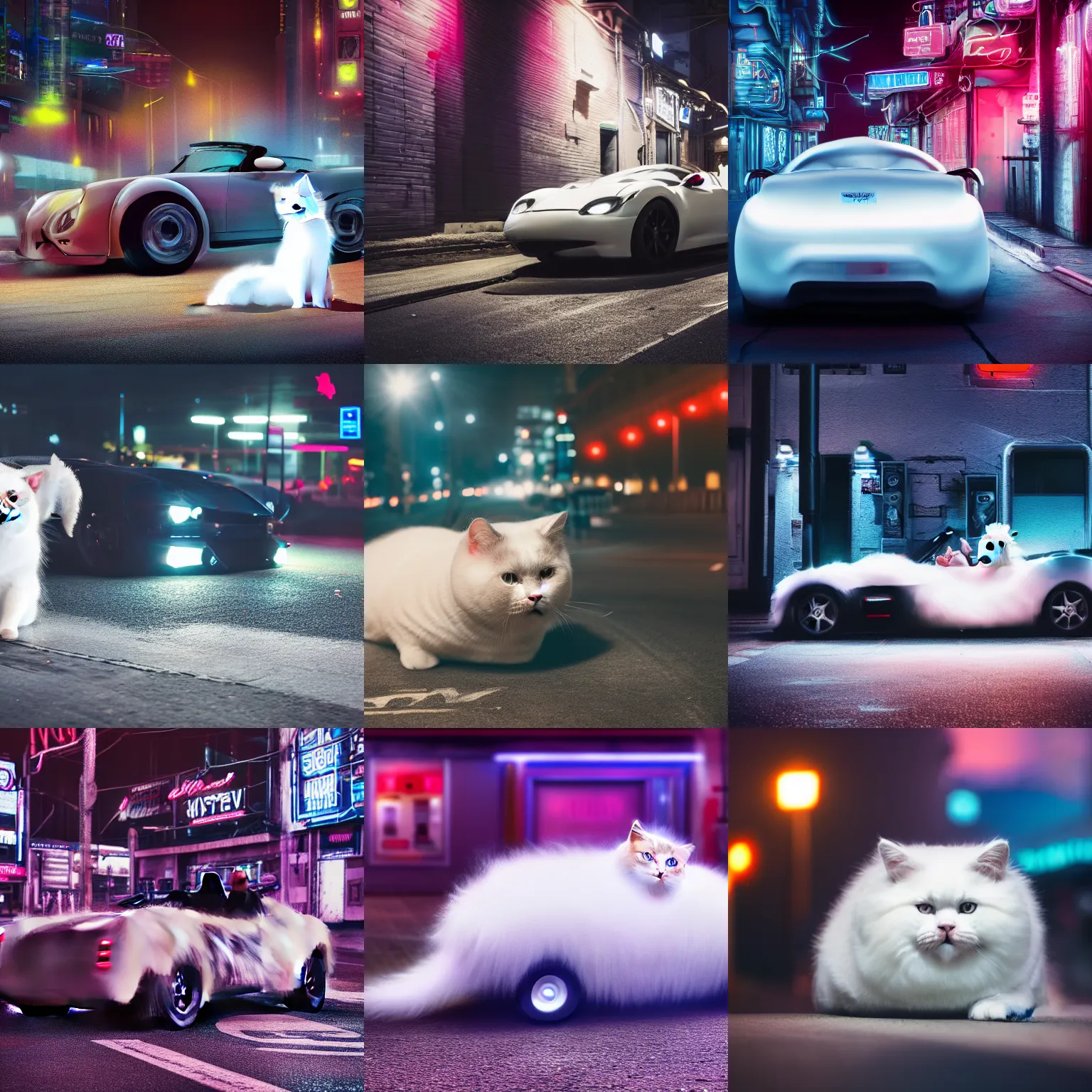 Image similar to a fluffy roadster covered with white fur and looked like a British Shorthair cat, parking in the street, Cyberpunk, neon light, front view, 4k, hd, highly detailed