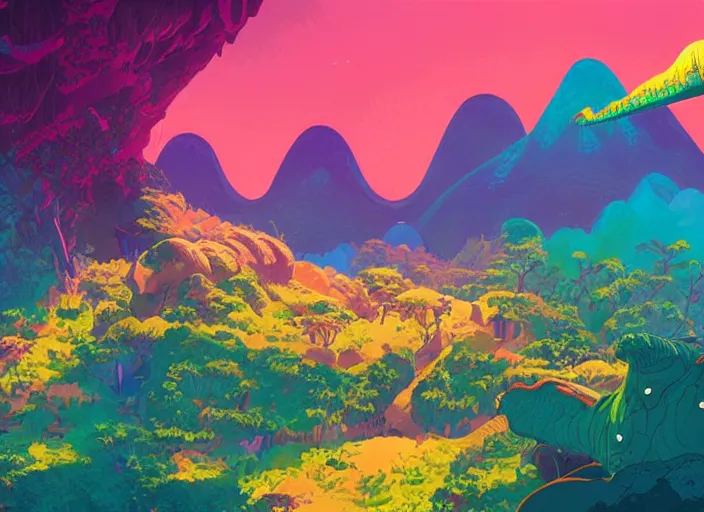 Image similar to psychedelic art of a mountain shaped like a dinosaur, jungle landscape, detailed, cel shaded, by makoto shinkai and moebius and anton fadeev and james gurney