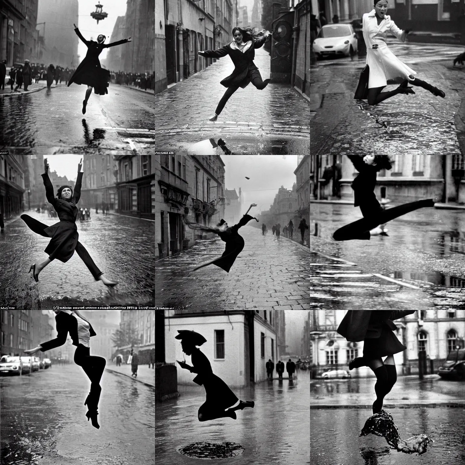 Prompt: A fashionably dressed woman photographed in the split second of leaping over a large puddle in the street, the decisive moment, photographed by Henri Cartier-Bresson on a Leica camera