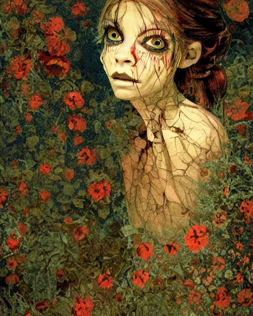 Prompt: a pretty but sinister and creepy goblin in layers of fear, with haunted eyes, violence in her eyes, 1 9 7 0 s, seventies, delicate embellishments, a little blood, woodland, blue dawn light shining on wildflowers, painterly, offset printing technique, by walter popp, fragonard