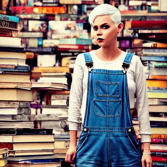 Image similar to full body pose, beautiful adult book fairy, pixar, short white hair shaved sides, dirty, grungy, grunge, long sleeve, painted overalls, stacks of giant books, highly detailed, 4 k, hdr, smooth, sharp focus, high resolution, award - winning photo, artgerm, photorealistic