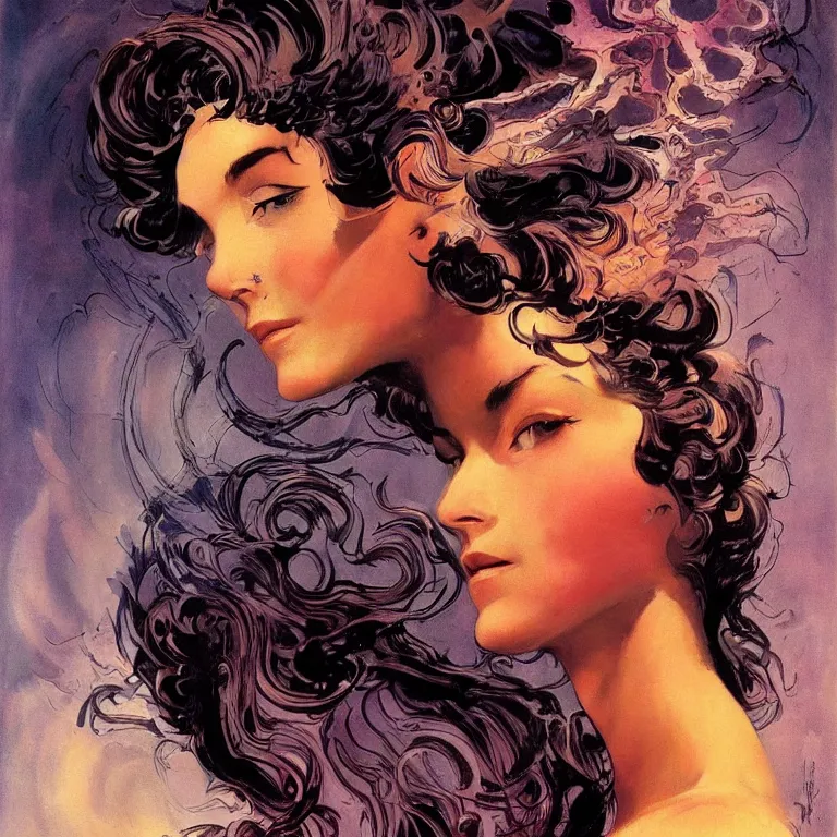 Image similar to portrait of a woman with swirling hair and fractal skin by frank frazetta, retrofuturism, psychedelic art reimagined by industrial light and magic