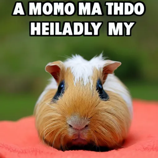 Prompt: a meme image of a guinea pig with text saying hello i'm a guinea pig