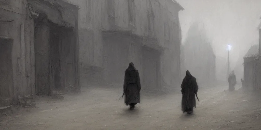 Image similar to a cloaked coffin maker walking through an dim abandoned street john howe and henry ossawa tanner, Trending on artstation, dimly lit