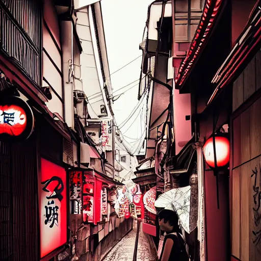 Prompt: japan narrow street with neon signs and a girl with umbrella wearing techwear, digital art, sharp focus, wlop, artgerm, beautiful, award winning, sythwave color style