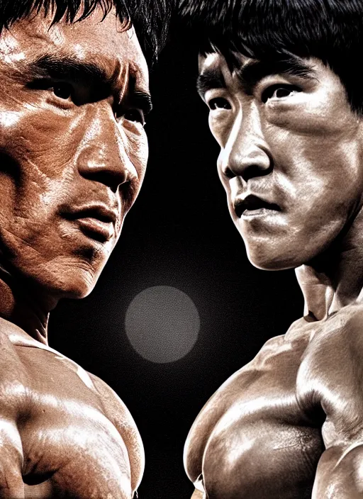 Image similar to Film poster, Arnold Schwarzenegger VS Bruce lee , faces look at each other, detailed and realistic, 4k, filmic render