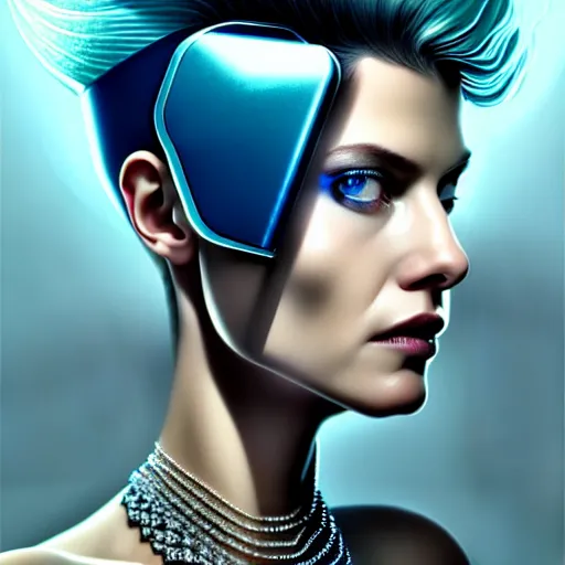 Image similar to woman with extremely large and intricate haircut with friendly blue eyes and slim features looking askance, eye cyberpunk bionics, retro futurist style, intricate, elegant gleaming jewelry, angelic halo, highly detailed, digital painting, artstation, concept art, smooth, sharp focus, illustration, art by wlop, mars ravelo and greg rutkowski,